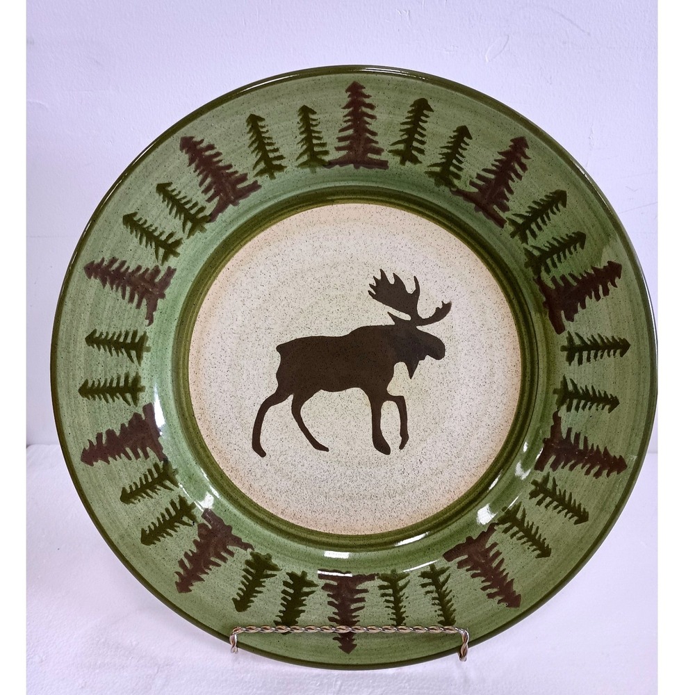 Vintage Libbey Green Moose Pine Tree Large Decorative Plate Cabin Lodge Rustic